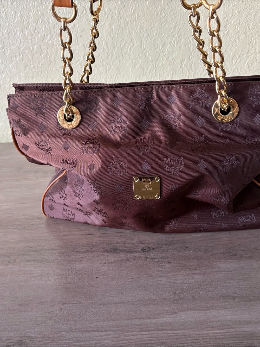 Vintage MCM München Brown Monogram Chain Shoulder Tote Bag N9599